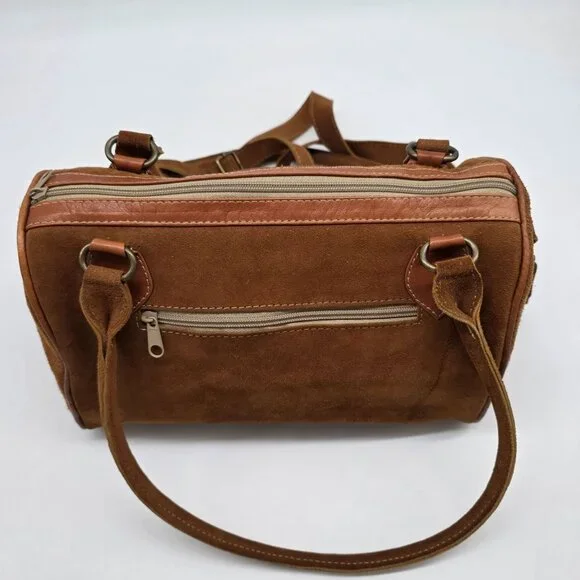 Vintage Brown Suede Satchel Embroidered Details & Multiple Zipper Pockets - Picture 7 of 13